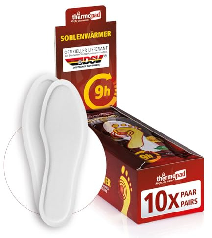 10 par Thermopad sulvärmare (finns i 5 storlekar) – originalkartongen med 10 värmekuddar (innersula) för 8 timmars värme I fotvärmare kuddar I extra varm värmesula S för skor och pjäxor
