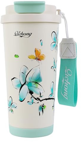 EACHPT Thermo-Kaffeetasse, Thermosbecher, 500 ml, Thermoskanne mit dichtem Deckel, doppelwandig, aus Edelstahl, Kaffeetassen mit faltbarem Strohhalm, für heißen und kalten Kaffee, Milch und Tee