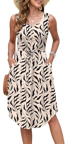 AUSELILY Vestidos Verano Mujer Sin Mangas Vestido de Playa con Cordón | Cuello Redondo Midi Vestido Hasta la Rodilla Elegante Vestido Informal con Bolsillos