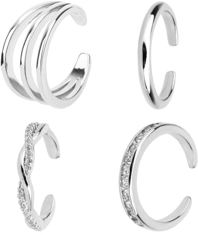 Mikovivi 4uds Anillos para Los Dedos del Pie para Mujeres, Set de Anillos Abiertos Dedos Triple CZ Sencillo Banda Cristal Torcido Joyería Elegante Pies Playa de Verano (Plata)
