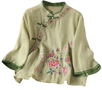 ANHATUIV Chemise brodée à manches 3/4 en coton et lin pour femme - Haut Cheongsam vintage Hanfu - Costume traditionnel chinois - Chemisiers à boutons - Chemisier élégant surdimensionné pour arts