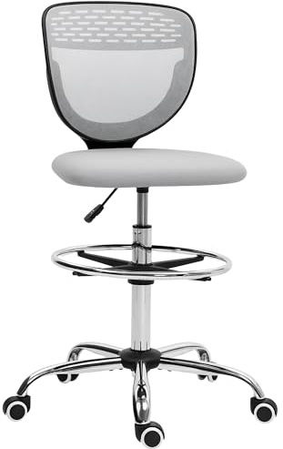 Vinsetto Chaise bureau ergonomique tabouret de bureau avec repose-pieds et sans accoudoirs, chaise de dessin à dossier moyen en maille, hauteur réglable, assise rembourrée et pivotante 360° gris clair
