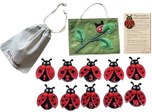 ZAC HOME Ladybird Finger Puppet Set – 10 Numbered Ladybirds with Detachable Wings for Counting – Felt Puppets with Leaf Storage Bag for Kids Learning & Storytelling