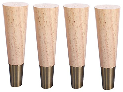 4 Stück Holz Tischbeine,Massivholz Schräg Konisch Ersatz Möbelfüße Möbelbeine,mit Gold Messing Abdeckung & Montageplatten & Schrauben für Sofa Bett Schrank(Color:natural,Size: 10cm/3.93in)