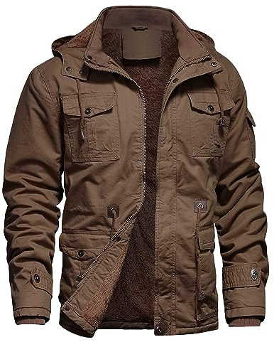 LEPOAR Men's Winter Jacket Military Jacket Fleece Lined Warm Cargo Jackets Removable Hood Cotton Work Coat, Brown-XL
