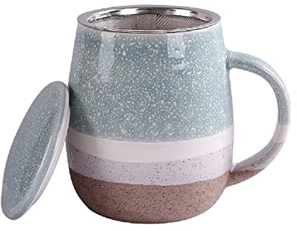 YDoLimmer Séparation du thé - Tasse en céramique de grande capacité - Tasse à thé avec filtre et couvercle en céramique - Grand bol ventral - 350 ml - Idéale pour le thé (bleu)