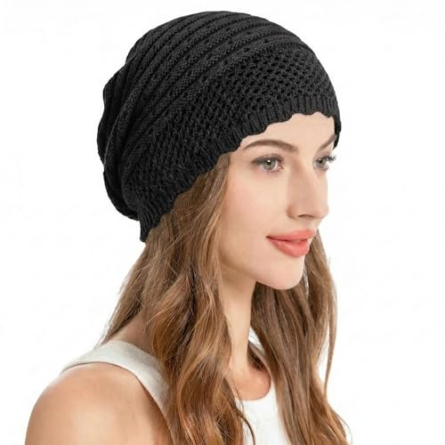ZLYC Bonnet Souple en Crochet pour Femme - Doux et léger - Tête de Mort - Bonnet en Tricot Extensible, Noir uni, Taille Unique