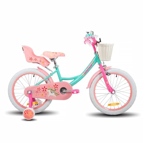JOYSTAR Bicicletta per bambini unicorno da 18 pollici per bambine da 5 a 8 anni, bicicletta per bambini da 18 pollici con stabilizzatori & Kickstand,verde…, BIKE049gr-18