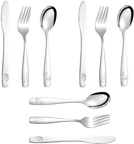 Samamoca 9PCS Couvert Enfant Inox,3 x Fourchette,3 x Cuillère,3 x Couteau Dentelé,Sûr Couverts Pour Enfants avec Motif Mignon,Couverts Bebe Dinosaures Pour Garçons – 2-3 Ans, Inox