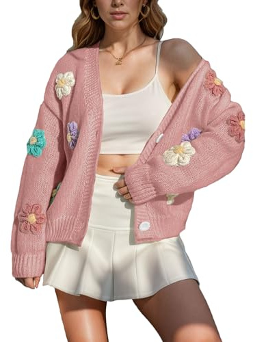 ANUFER Femmes Charmant Fleur Crochet Chandail Col en V Boutonné Manches Longues Tricoter Cardigan Hauts SN079177 Rose XL