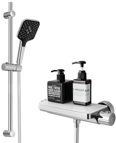 Lonheo Duscharmatur mit Thermostat, Duschstange mit Brause und Ablage, Dusche Komplett mit 70cm Edelstahl Brausestange, 3 Strahlarten Handbrause, 150cm Brauseschlauch, Chrom