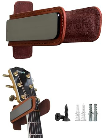 Levitate Guitar Wall Mount Hanger - Back to School Music Learning Tool - Heavy Duty Wall Mount Holder for Acoustic Guitar, Ukulele, Banjo - Easy Install Hook with Template and Fixings - Brown