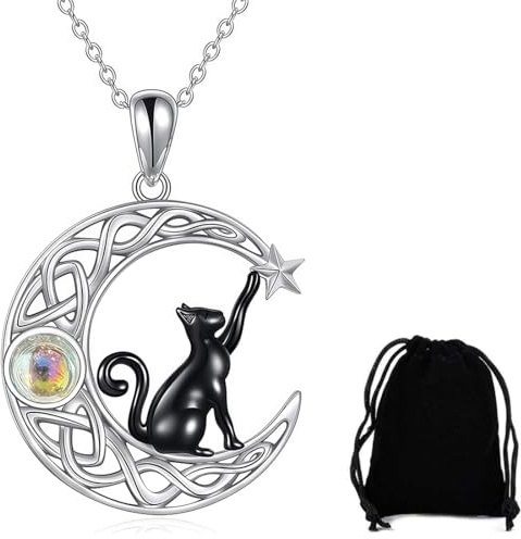 KUMSODE Collier Chat en Argent Sterling avec Pendentif Croissant de Lune et Chat - Bijoux Hypoallergénique Cadeaux pour Femmes Filles