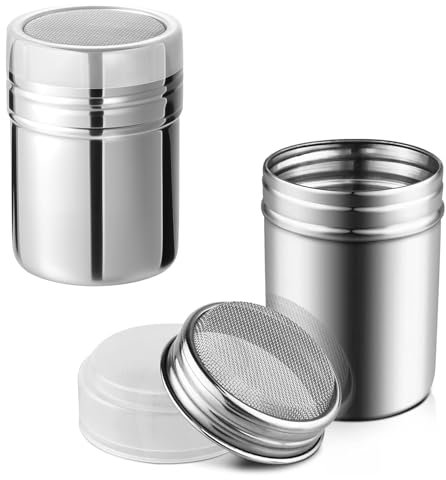 Set di 2 Spolveratori da Cucina in Acciaio Inossidabile con Coperchio e Rete Fine, Setaccio per Zucchero a Velo, Cacao, Cannella, Sale - Ideale per Pasticceria, Decorazione Dolci e Spezie