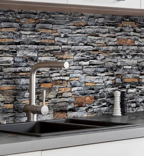 MyMaxxi Küchenrückwand selbstklebend - Matte, 0,4 mm Premium Spritzschutz Folie als günstige Alternative zu Glas, einfache Montage & leichte Reinigung - Motiv: Mauer Schiefer Stein 340 x 60 cm