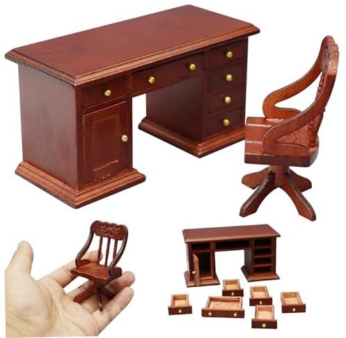 Suxdlan Tavolo e Sedia per casa delle Bambole Set di mobili per casa delle Bambole in Legno in Scala 1/12 con scrivania e Sedia Miniatura Mini mobili retrò per l'arredamento della Scena di Studio