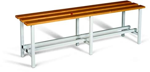 Banc Vestiaire sport/Atelier/Usine/Fabrique/Industrie etc. Structure Métallique/Siège en Bois de Pin Verni. Barres de Renfort Porte Chaussures. Dim : H 470 mm x L 2000 mm x P 350 mm. Démonté.