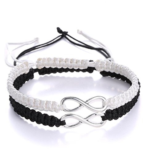 RINHOO 2PC/Set Stainless Steel 8 Infinity Couple Bracelet Braided Leather Rope Bangle Wrist Adjustable Chain Fit 7-9 Inch for Lover Friendship (2pc (black+white))