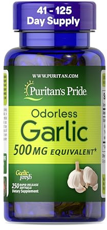 Puritan's Pride Premium Odorless Garlic Fresh 500mg, Traditional Dietary Supplement for Heart Health and Circulation Support with Antioxidant Properties, 250 Rapid Release Softgels