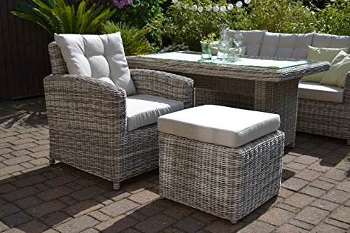 bomey Ottoman und Rattansessel Outdoor Indoor - Rattan Gartenmöbel Set Manhattan 2-Teilig, Gartensessel Grau + Hocker + Polster Beige, Polyrattan Lounge Sessel Garten, Terrasse und Wintergarten