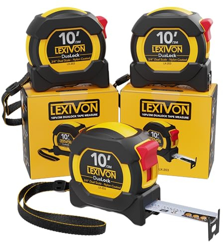 LEXIVON [3-Pack] 10Ft/3m DuaLock Tape Measure | 3/4-Inch Wide Blade with Nylon Coating, Matt Finish White & Yellow Dual Sided Rule Print | Ft/Inch/Fractions/Metric (LX-203)