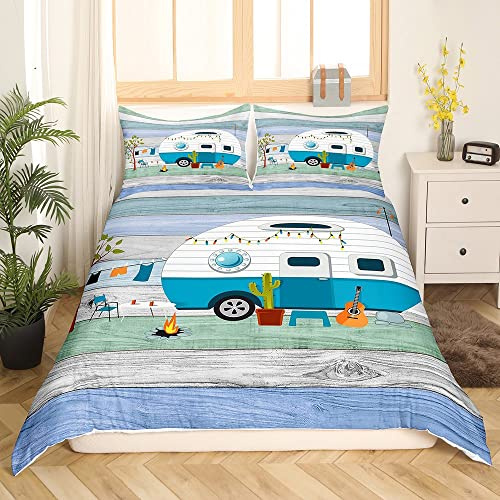 Camping Bettbezug 135 x 200 cm Rustikales Camper Bettwäsche Set für Kinder Jungen Mädchen Bettset für Camper Vintage Scheunentor Bettbezug Holz Bauernhaus Camping Schlafzimmer Kollektion Bettwäsche