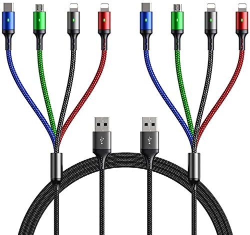 Multi Charging Cable, 10ft 2Pack Multi Charger Cable Braided 4 in 1 Multiple USB Cable Universal Charging Cord with Lightning/Type C/Micro USB Port for Cell Phones/iPhone 17 16 15/Samsung/Ps/Tablets