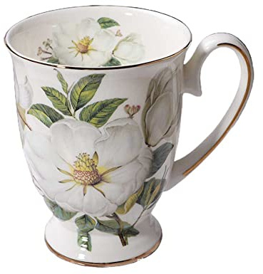 FIYSON 300ml Ceramic Coffee Cup, Camellia Patterned Bone China Coffee Mug with Handle, Euro Style Porcelain Tea Cup for Home Kitchen Office, Gifts for Women, Dishwasher and Microwave Safe (style 2)