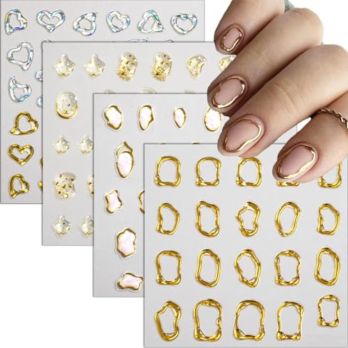5D Gold Embossed Nail Art Stickers Crystal Soft Glue Irregular Geometric Frames Nail Stickers Sliver Hollow Designs Nail Decals Supplies Self Adhesive Stickers DIY Acrylic Nail Accessories