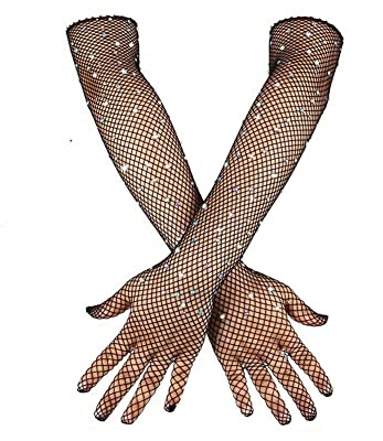 Yurosiay Långa näthandskar för kvinnor, strass, handskar, näthandskar, fisknät, handskar med glänsande strass, modehandskar, opera, glitter, partyhandskar för temafest, bar, svart