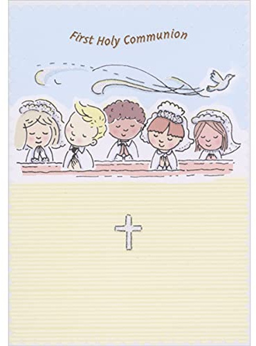 Designer Greetings Sparkling Dove Flying Over Praying Children in Pews 1st / First Communion Congratulations Card