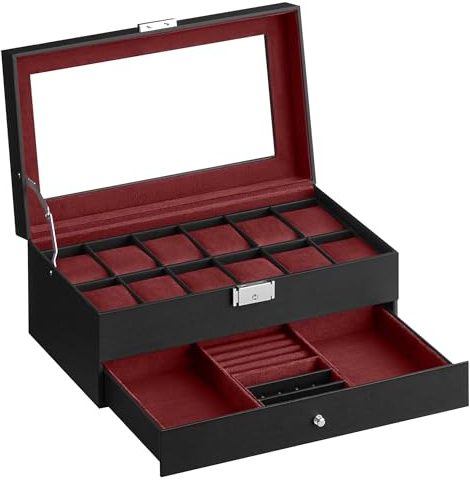SONGMICS Uhrenbox, Uhrenkasten mit Glasdeckel, 2 Ebenen, für 12 Uhr, abschließbar, 1 Schublade, für Ringe, Armbänder, Geschenkidee, PU-Bezug in Schwarz, Innenfutter in Weinrot JWB012R01