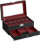 SONGMICS Boîte à Montres, Coffret à Montres, Couvercle en Verre, Écrin à 2 Niveaux, 12 Montres, Verrouillable, 1 Tiroir, Idée Cadeau, PU Noir, Doublure Rouge Bordeaux JWB012R01