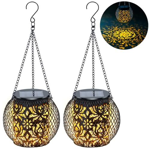 GCCATE Solar Lanterns, 2Pack Upgraded Hanging Outdoor Lantern Garden, Metal Solar Lights with Pattern, IP65 Waterproof Garden Lights Decoration for Patio Porch Pathway Balcony Table Fence