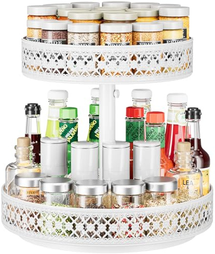 Roterbar Kryddhylla Lazy Susan - 360° roterande metallbricka Blommig Organisatör för Köksskåp Köksskåp Badrum Kylskåp Bord (Dubbel vit)