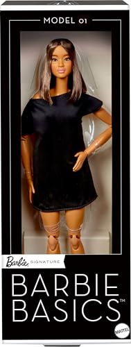 Barbie Basics Model 01-samlardocka med brunt hår, svart miniklänning och skor, kläder med universell passform, ställbar kropp och utbytbart dockhuvud, JBH72