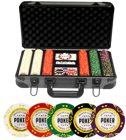 JIESITE Set med 14 gram, pokerchips – Texas Hold'em, 300 st tomma chips med avancerat fodral och pokertillbehör för Blackjack och pokerspel