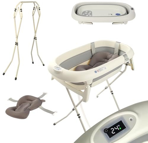 Baignoire Pliable Bébé avec Support en Acier,Thermomètre Intégré, Coussin Ergonomique et tuyau de Vidange - Bébé Dauphin - Compacte et Transportable, 0-3 Ans, Gris