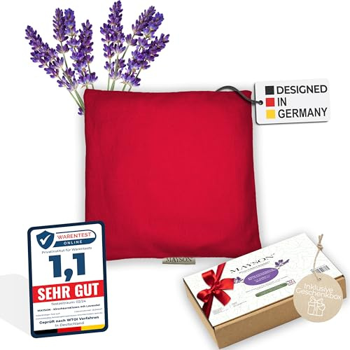 MAYSON® Cojín térmico con huesos de cereza ecológico con lavanda, apto para microondas con funda de pana lavable, 100 % algodón ecológico, 20 x 20 cm, hecho a mano en Alemania, beige/rojo burdeos