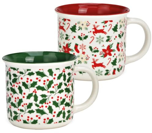 Weihnachtsbecher Set aus Porzellan Tassen mit Weihnachtsdekor - Süße Kaffeetassen Ø 8 x 10 cm Rot & Grün Motive Glühweintasse für Winter, Weihnachten - Hochwertiges Porzellan, Spülmaschinenfest