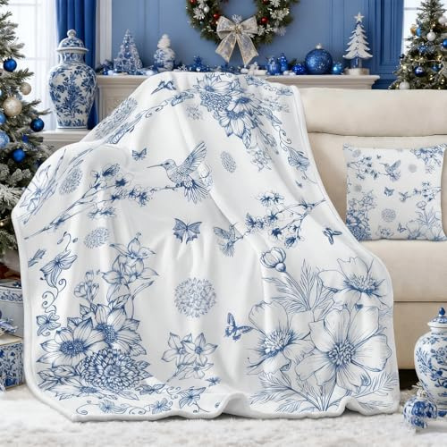 yuboo Blue White Floral Throw Blanket, Chinoiserie Flower Spring Gifts for Women Kids Girls, Soft New Year Flannel Hummingbird Blanket for French Country Coastal Spring Decor, 50 x 60 in