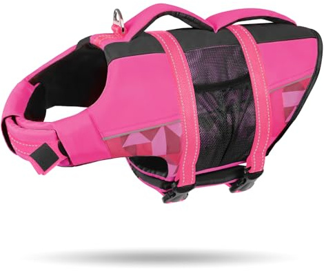 CITÉTOILE Giubbotti di Salvataggio per Cani, Regolabile Salvagente per Animali con Manico, Costume da Bagno di Sicurezza in Acqua per la Vela in Piscina Sulla Spiaggia, Rosa, L