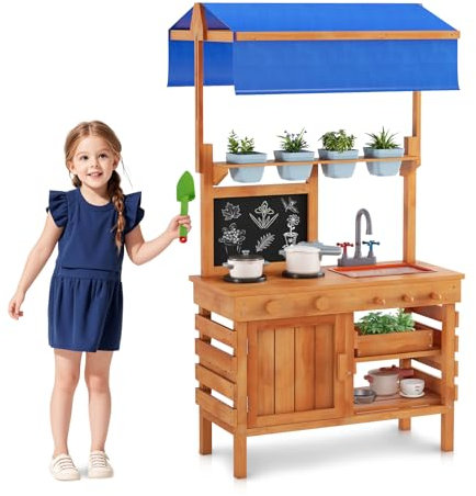 GOPLUS Cuisine Extérieur Enfant, Table de Rempotage en Bois de Sapin, avec Auvent Réglable, Tableau Noir, Evier, 4 Pots, Etabli de Travail de Plantation pour 3+ Ans, 136x77x56,5cm