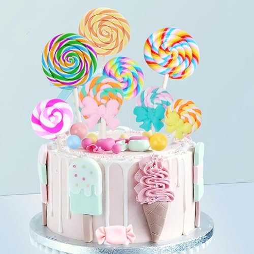28 PCS Cake Topper, Cupcake Topper, Décoration de Gâteau de Sucette, Gâteau Topper Sucette avec Noeud, Boules de Décoration de Gâteau, Topper Bonbon Coloré, pour Anniversaire Mariage Fête