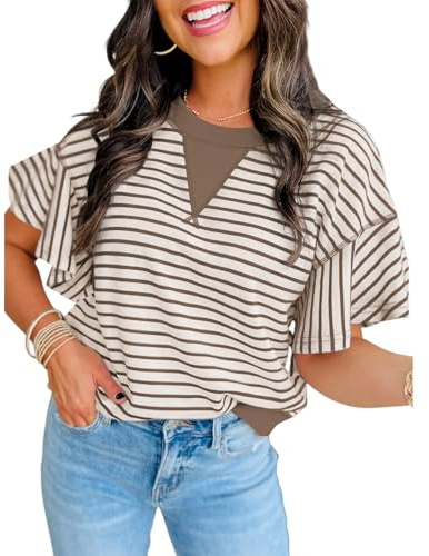 Women's Summer Striped Ruffle Short Sleeve Tops Contrast Colorblock 2025 Round Neck Loose Fit Cute Casual Top Blouse Coffee M