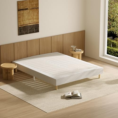 DEWINNER Sommier 140x200 | Sommier Tapissier en Tissu Blanc | Solide et Confortable | Lit 140 x 200 avec Sommier | 2x14 Lattes avec 9 Pieds | Hauteur du Cadre de Lit 29 cm | Lit Double pour Chambre