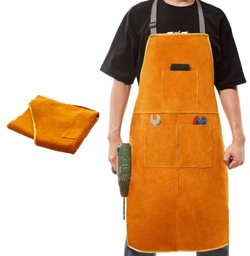 CROWNSHOP Tool Aprons Work Apron 62.5X88cm Leather Welding Work Aprons Heat and Flame Resistant with 3 pockets Woodworking Fireproof Canvas Apron Heavy Duty Workshop Aprons for Welders and Blacksmiths