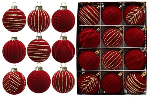 2025 Bolas de Navidad de terciopelo rojo, 6 cm, para colgar en el árbol de Navidad, 12 unidades (A, talla única)