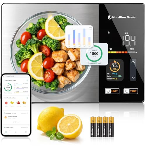 BakFee Smart Food Scale with Nutritional Calculator, Calorie Scale for Weight Loss, Free App for Scan, Nutrients Tracking, Food Preload, Color Display with 5 Units, Tare, Stainless Steel, 11lb, Black
