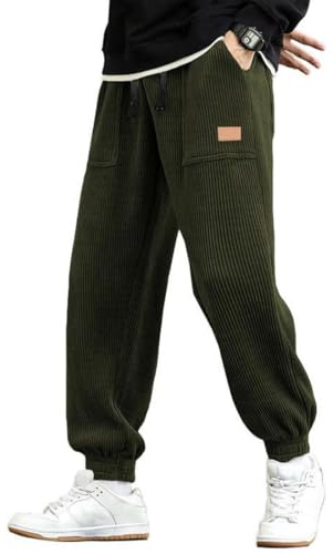 WINKEEY Pantaloni in Velluto a Coste da Uomo Pantaloni Cargo con Coulisse e Vita Elastica con 4 Tasche,Verde Militare L